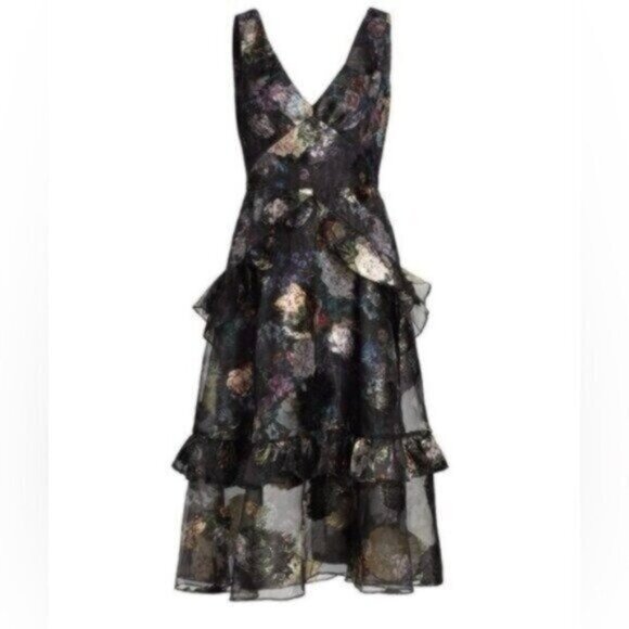 New Marchesa Luxury Floral Tiered Dress Party Feminine Embroidered Midi - Picture 1 of 15